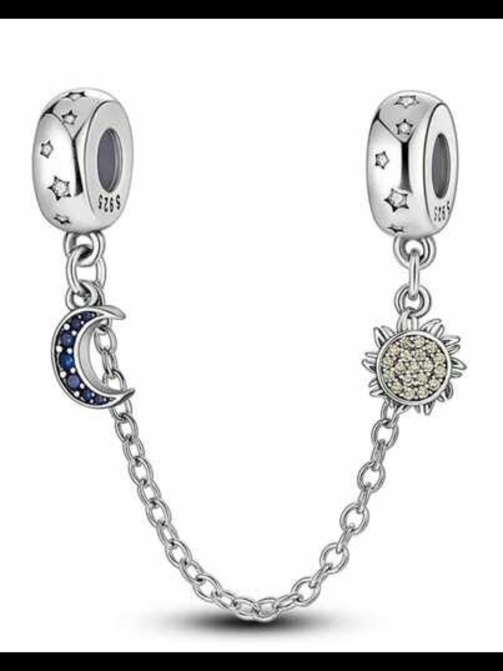 Pandora Silver Moon & Sun Safety Chain Charm - Blue & Gold Accents